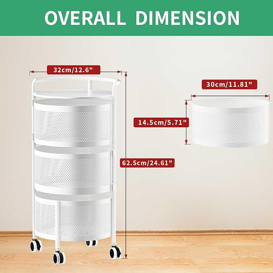 JAQ No Assembly Integrated Rotating Storage Cart, 3-Tier Rolling Storage Cart with Wheels, Solid Carbon Steel Onion Potato Storage, Kitchen Storage Cart, Vegetable Storage Cart, White