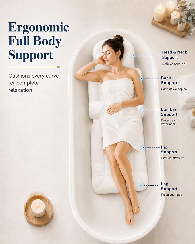 Full Body Bath Pillow for Bathtub, Extra Thick Luxury Bath Cushion with Adjustable Lumbar Support, 240 Suction Cups, Quick Dry 5D Mesh Tub Pillow for Home Spa Relaxation 52" x 17"