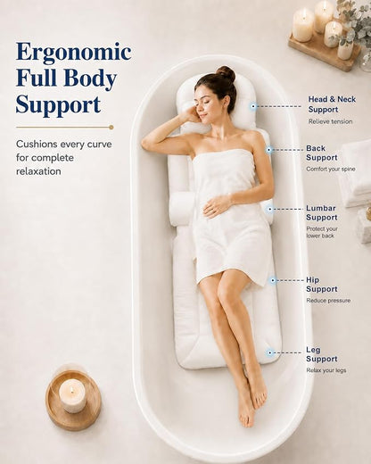 Full Body Bath Pillow for Bathtub, Extra Thick Luxury Bath Cushion with Adjustable Lumbar Support, 240 Suction Cups, Quick Dry 5D Mesh Tub Pillow for Home Spa Relaxation 52" x 17"