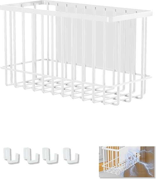 Magnetic Basket Kitchen Refrigerator Organizer Foil and Plastic Wrap Organizer for Fridge Heavy Duty Metal Storage (10.25" L x 3.2" W x 6" H, White)