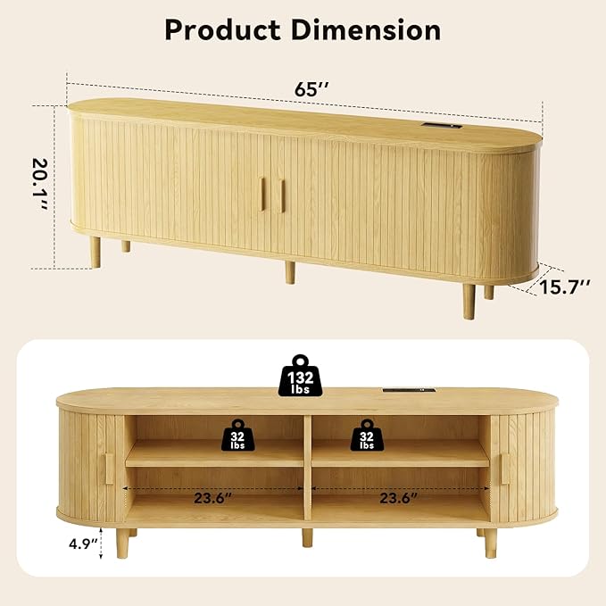 65" Mid Century Modern TV Stand with Power Outlet, Fluted Entertainment Center with Storage and Adjustable Shelves, Wood TV Console with Sliding Doors for Living Room, Oak