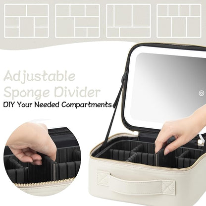 Extrei Gent Makeup Travel Train Case with Mirror LED Light 3 Adjustable Brightness Large Cosmetic Bag Portable Storage Adjustable Partition Waterproof Make up Brushes Makeup Jewelry Gift for Women