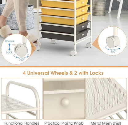 RELAX4LIFE 10 Drawer Rolling Cart, Slim Storage Cart w/Lockable Wheels for Classroom School Teacher Office, Art Supplies Paper Scrapbook Craft Organizers, Utility Cart with Drawers (Yellow)