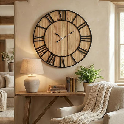 EMAX HOME Large Farmhouse Wall Clock 30 Inch Vintage Brown Wooden Wall Clock with Quiet Ticking and Minimalist Roman Numerals for Bedroom Living Room Office Kitchen Home Decor, Battery Operated