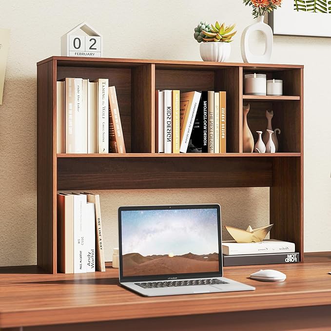 Desk Hutch, Desktop Shelf with 4 Shelves, Desk Bookshelf w/Anti-Toppling Devices, Wood Table Top Bookshelf Organizer, Small Desk Shelf for Study, Office, Dorm (Walnut, 4 Shelves)