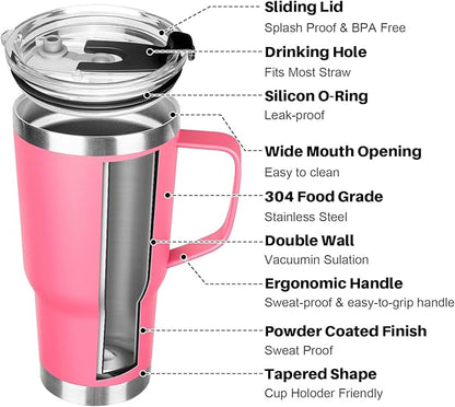 20 oz Tumbler with Handle, Stainless Steel Insulated Tumbler with Lid and Straw, Double Wall Vacuum Coffee Mug Tumbler, Insulated Coffee Thermal Cup for Cold and Hot (Rose Red, 20 Ounces)