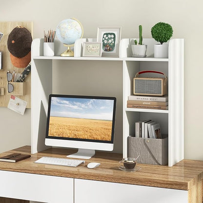 Desk Hutch, Desktop Shelf with 5 Shelves, Desk Bookshelf w/Anti-Toppling Devices, Wood Table Top Bookshelf Organizer, Small Desk Shelf for Study, Office, Dorm (White, 5 Shelves)