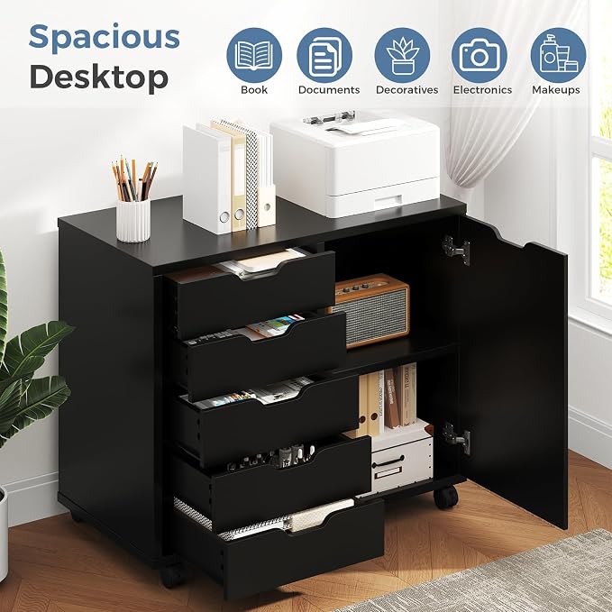 DUMOS 5 Drawer File Cabinet Office Drawers Organizer with Wheels, Under Desk Cabinets with Shelves and Door Printer Stand with Wood Board Metal Frame for Home Office Storage Craft Room, Classic Black