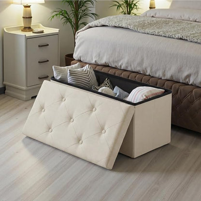Sweetcrispy 30 Inch Folding Storage Ottoman Bench, Large Hidden Storage Chest with Padded Seat, Foot Rest Stool Supports Up to 660Lbs, End of Bed Bench for Bedroom, Living Room, Linen Fabric, Beige