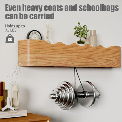 Coat Rack Wall Mount with Shelf 5 Hidden Hooks Modern Wooden Key Holder Entryway Organizer for Hallway Bedroom Bathroom Home Decor Storage for Hanging Coats Hats Bags Towels, Wave-Shape Oak
