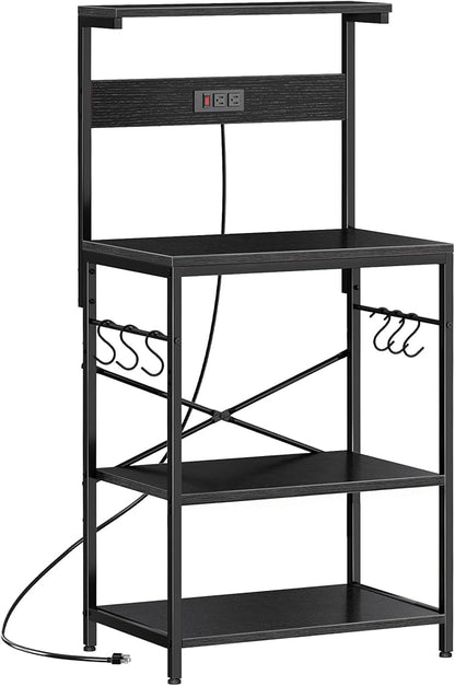 SUPERJARE Kitchen Bakers Rack with Power Outlet, Coffee Bar Table 4 Tiers, Kitchen Microwave Stand with 6 S-shaped Hooks, Storage Shelf Rack for Spices, Pots and Pans - Black