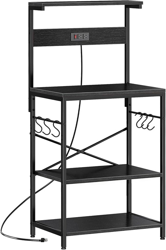 SUPERJARE Kitchen Bakers Rack with Power Outlet, Coffee Bar Table 4 Tiers, Kitchen Microwave Stand with 6 S-shaped Hooks, Storage Shelf Rack for Spices, Pots and Pans - Black