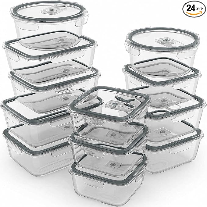 Razab 24 Pc Airtight Glass Food Storage Containers - Glass Meal Prep Containers - Freezer to Oven Safe - Steam Release Valve BPA Free - Airtight Bento Boxes - Leak Proof (12 lids & 12 Containers)