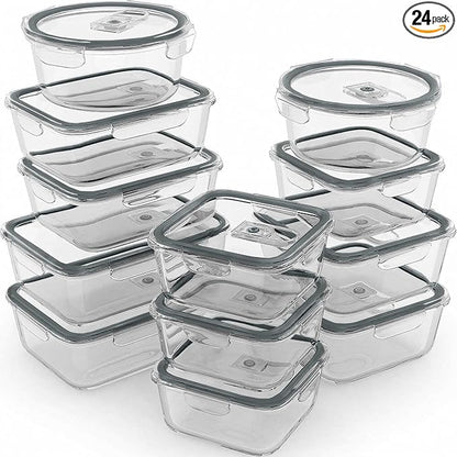 Razab 24 Pc Airtight Glass Food Storage Containers - Glass Meal Prep Containers - Freezer to Oven Safe - Steam Release Valve BPA Free - Airtight Bento Boxes - Leak Proof (12 lids & 12 Containers)