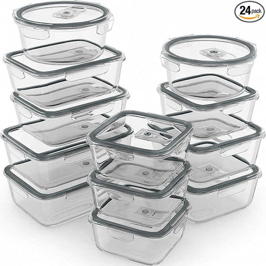 Razab 24 Pc Airtight Glass Food Storage Containers - Glass Meal Prep Containers - Freezer to Oven Safe - Steam Release Valve BPA Free - Airtight Bento Boxes - Leak Proof (12 lids & 12 Containers)