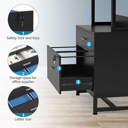 Tribesigns 2 Drawer Vertical File Cabinet with Lock & Bookshelf (Set of 2), Letter Size Large Modern Filing Cabinet Printer Stand with Open Storage Shelves for Home Office, Black