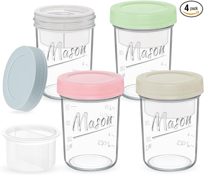 Xyptorix 16 oz Overnight Oats Containers with Lids, 4-Pack Leak-Proof Wide Mouth Mason Jars & Separate Compartments for Fruits/Nuts, Airtight Glass Jars for Chia Pudding, Yogurt, Parfait and Salad