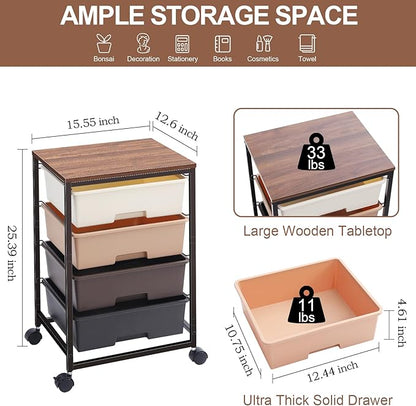 SYKIARIOL Utility Cart with 4 Drawers,Rolling Storage Cart with Drawers,Storage Rolling Drawer Cart,Brown