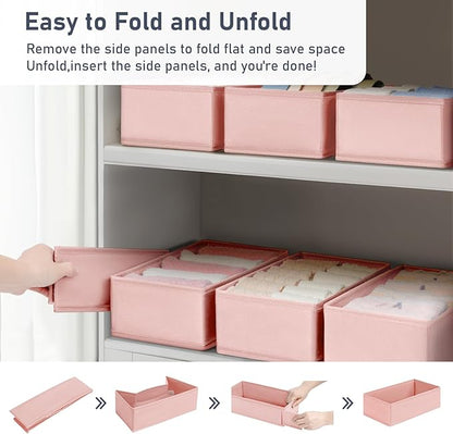 DIMJ Drawer Organizer Clothes - Underwear Organizer Closet Organizers and Storage Box Dresser Organizer,Drawer Dividers for Baby Clothes,Bra,Socks, Belt, Tie, Set of 6,Pink