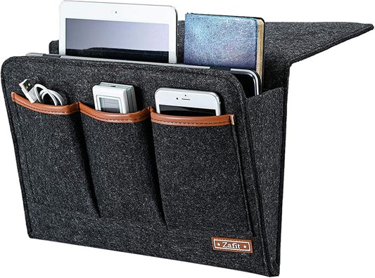 Zafit Bedside Caddy, Large Size Storage Organizer with 6 Pockets for Magazine, Remotes, Phone (13.4'' x 18.1'', Dark Grey)