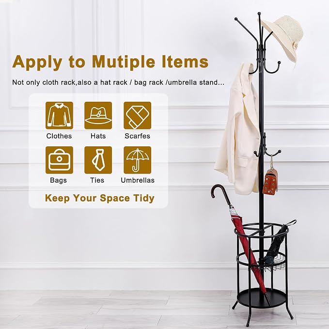 Freestanding Coat Rack with Umbrella Holder,Metal Coat Tree with 12 Hooks for Hanging Coat,Hats,Bag, Black Modern Coat Rack Stand Umbrella Stand for Entryway, Living Room, Bedroom, Office