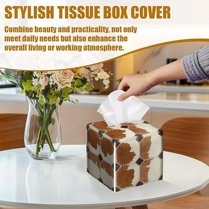 Brown Cowhide Tissue Box Cover 2PCS, Cow Skin Leather Tissue Box Holder Square Facial Paper Case Tissue Box Cube Organizer for Bathroom Bedroom Desk Office