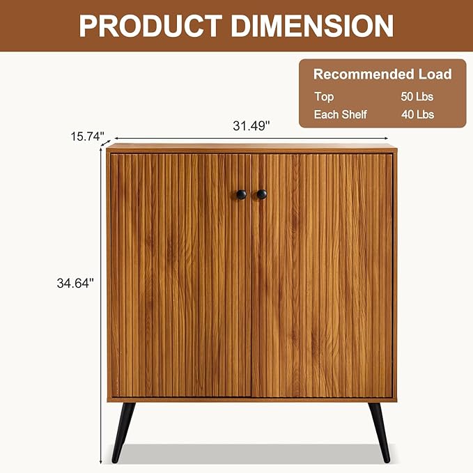 EROMMY Fluted Sideboard Buffet Cabinet, Wooden Storage Cabinet with Adjustable Shelf, Multifunctional Accent Cabinet with Adjustable Shelves for Living Room, Dining Room, Entry, Hallway, Walnut