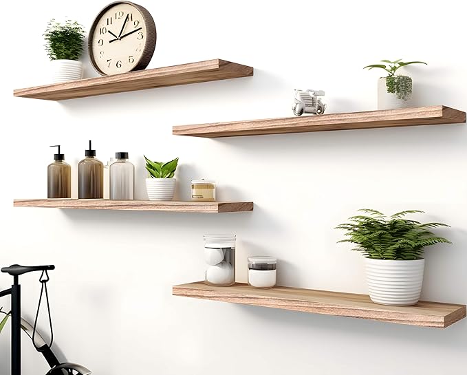YYWUOJJ Wood Floating Shelves for Wall Decor, Rustic Wall Shelves for Bedroom Bathroom Kitchen Living Room, Set of 4 Light Walnut 24 Inch