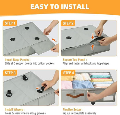 Under Bed Storage with Wheels,Underbed Storage with Sturdy Sidewalls/Bottom, Clear Cover, Label and PU Handle, Rolling Under Bed Drawers for Clothes, Shoes, 6.5 Inch Height,Grey, 4 Pack