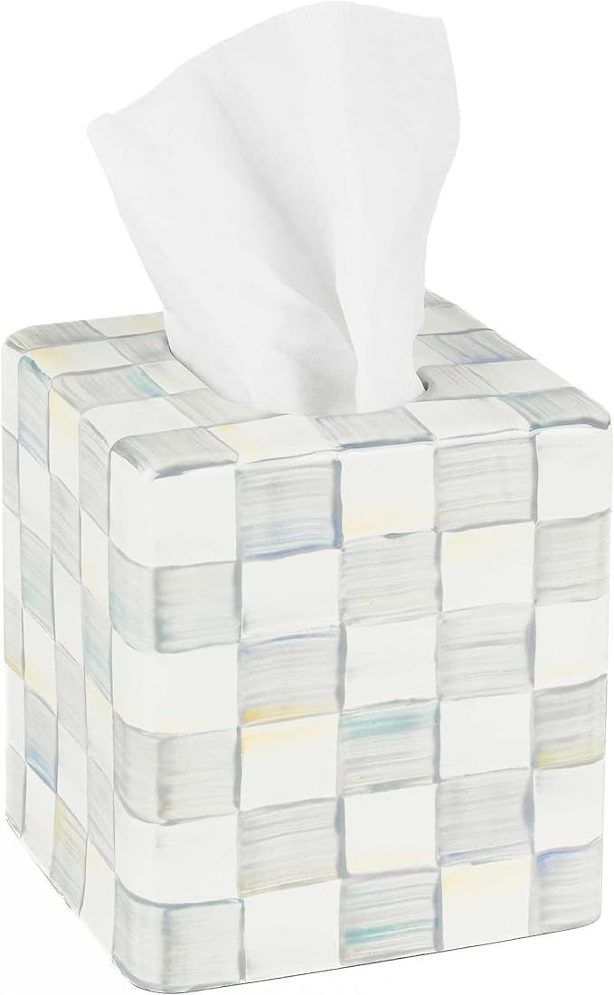 MACKENZIE-CHILDS Tissue-Box Cover, Tissue Holder for Home Decor, Gray-and-White Sterling Check, Square