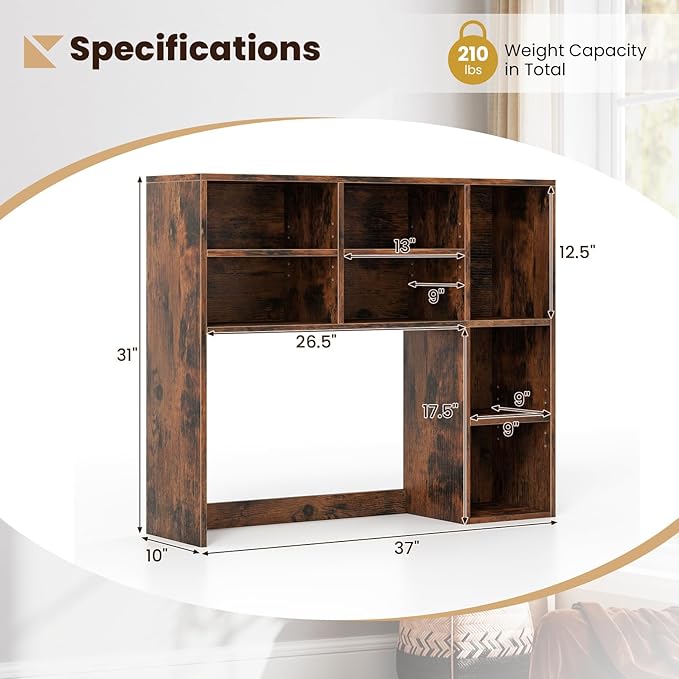 Desk Hutch, Desktop Shelf with 7 Shelves, Desk Bookshelf w/Anti-Toppling Devices, Wood Table Top Bookshelf Organizer, Small Desk Shelf for Study, Office, Dorm (Rustic Brown, 7 Shelves)
