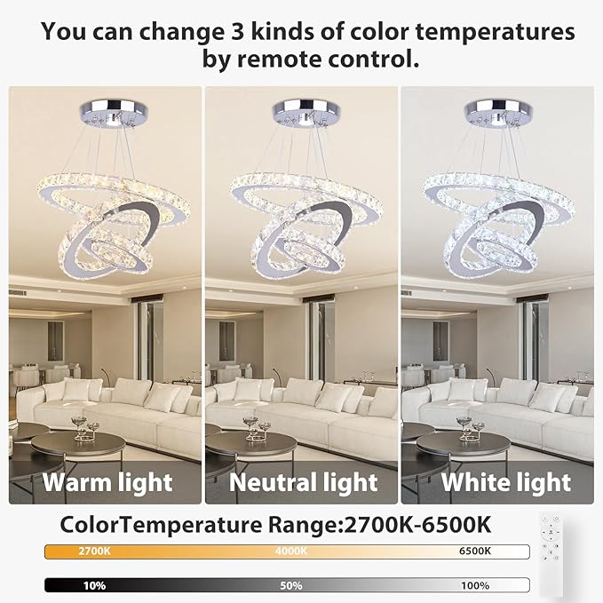 Chandelier LED Crystal Chandelier Lighting Dimmable LED Chandeliers Modern Ceiling Light Fixture 3 Rings Adjustable Stainless Steel Pendant Light for Bedrooms Living Room