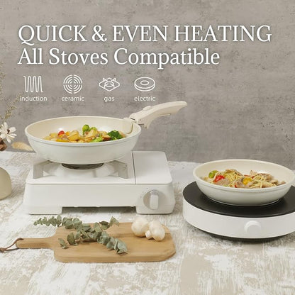 Ceramic Cookware Set Non Stick 8Pcs Pots and Pans Set Detachable Handle Induction Kitchen Cooking Set with Frying Pans Oven Dishwasher Safe, PFAS/PFOA Free, Cream White
