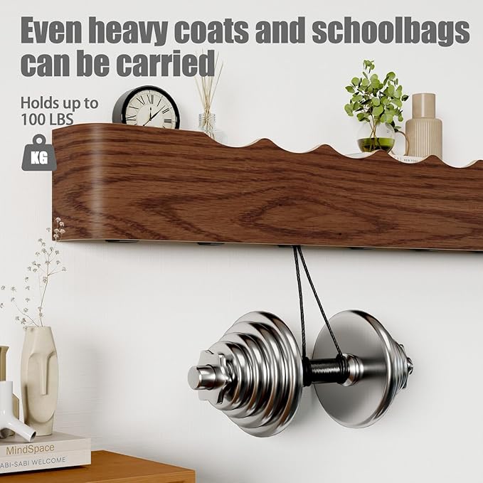 Coat Rack Wall Mount with Shelf 8 Hidden Hooks Modern Wooden Key Holder Entryway Organizer for Hallway Bedroom Bathroom Home Decor Storage for Hanging Coats Hats Bags Towels, Wave-Shape Walnut
