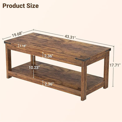 Homieasy Coffee Table with Storage Shelf, 43.3” Farmhouse Wood Coffee Tables for Living Room, Modern Center Tea Table, Rustic Brown