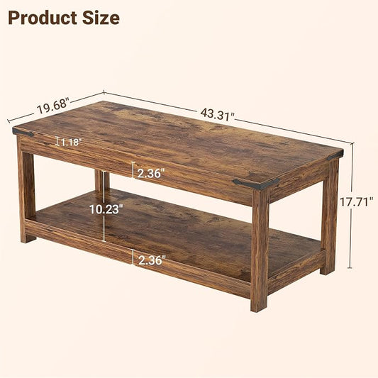 Homieasy 43.3” Rectangular Coffee Table with Storage Shelf, Farmhouse Wood Center Table for Living Room, Modern Black Tea Table with Open Shelf, Rustic Brown