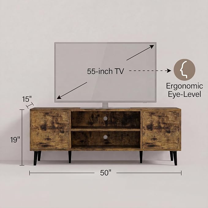 JUMMICO Mid-Century Modern TV Stand for 43-55 Inch TVs, 50 Inch Media Console with Storage, Entertainment Center with Push-Open Cabinets and Cable Management for Living Room (Rustic Brown, 50 Inches)