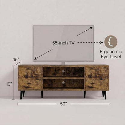 JUMMICO Mid-Century Modern TV Stand for 43-55 Inch TVs, 50 Inch Media Console with Storage, Entertainment Center with Push-Open Cabinets and Cable Management for Living Room (Rustic Brown, 50 Inches)