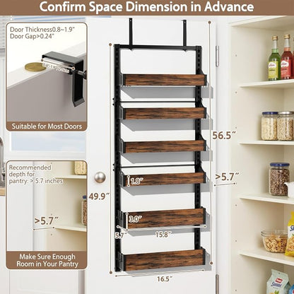 Over the Door Pantry Organizer: Pantry Organization and Storage with Hanging Basket - 6-Tier Adjustable Shelves Metal Spice Rack for Kitchen Laundry Room Bedroom & Bathroom