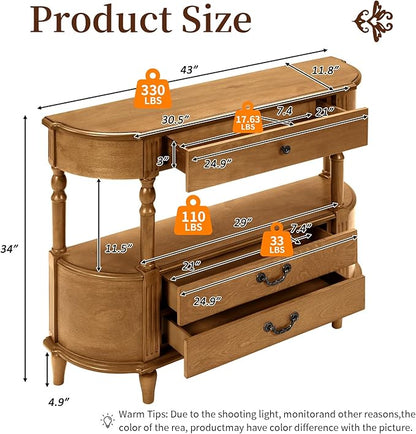 HMFULE Retro Curved Console Table, 43" Solid Wood Half Moon Console Table Entryway Table Sofa Table with Open Shelf Curved Corners 3 Drawers Pine Roman Legs for Living Room,Hallway,Entryway,Brown