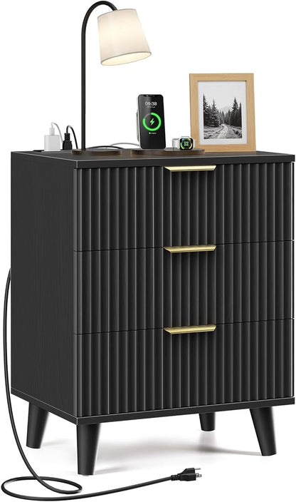 Black Nightstand, 20 inch Fluted Modern Night Stand with Charging Station, Wooden Side Table with 3 Large Storage Drawers Modern Wood Bedside End Table for Bedroom Sofa Office