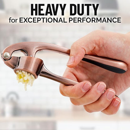 Zulay Kitchen Premium Garlic Press Set - Rust Proof Professional Garlic Mincer Tool - Easy-Squeeze, Easy-Clean with Soft, Ergonomic Handle - Silicone Garlic Peeler & Brush (Copper)