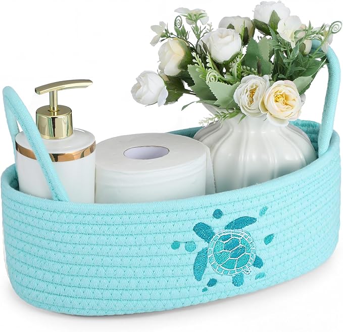 Vesici Sea Turtle Toilet Paper Basket Boho Woven Cotton Rope Bathroom Countertop Organizer with Handle Blue Summer Beach Sea Turtle Bathroom Storage Decor for Bedroom Nursery, 13 x 6 x 4 Inch