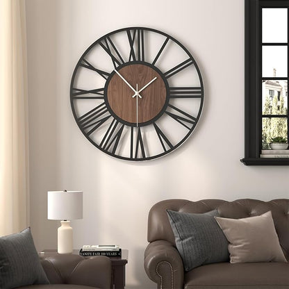 30" Extra Large Wall Clock, Modern Battery Operated Silent Non Ticking 30 inch Decorative Wood Metal Wall Clock, Black Round Big Clocks for Living Room, Bedroom, Kitchen, Office Decor-Roman Numerals