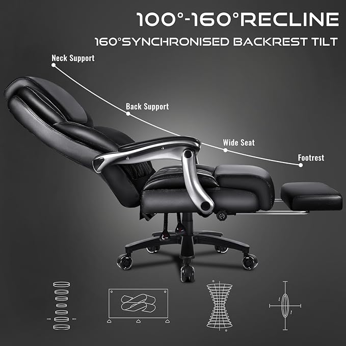 VITESSE Big and Tall Office Chair with Footrest and Lifting Headrest,Leather Chair for Heavy People,Executive Office Chair,Adjustable Lumber Support 600LBS