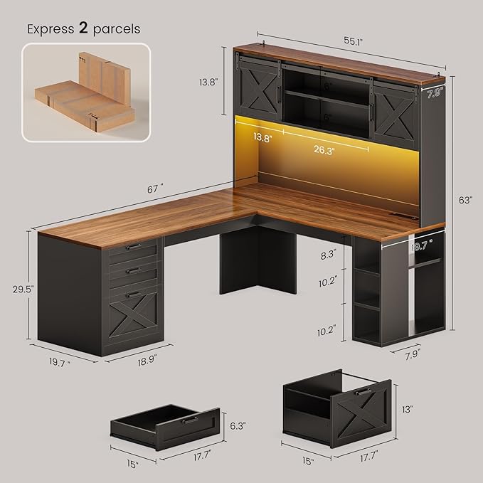 SEDETA 67" L Shaped Desk with Hutch, Farmhouse Executive Office Desks with Drawers & Sliding Doors, L Shaped Gaming Desk with Storage Shelves & Power Outlets, Corner Gaming Desk with LED Lights, Black