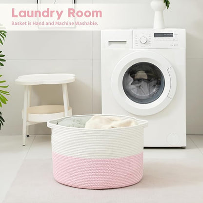 Foldable Laundry Hamper Basket with Collapsible Handle Cotton Rope Soft Woven Fabric Storage Organizer Clothes Toys Nursery Bedroom Dorm Space Saving Bin (White & Pink, 80L(21.7"D x 13.8"H))