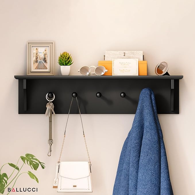 Ballucci Floating Coat and Hat Wall Shelf Rack, 5 Pegs Hook, 24", Black