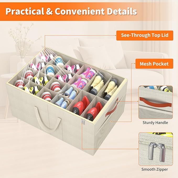 Aokeyee Shoe Organizer for Closet, 2 Pack Large Shoe Storage Box Fits up to 24-48 Pairs, Space Saving Foldable Shoes Organizer Bin w/Clear Cover and 4 Reinforced Handles, Beige