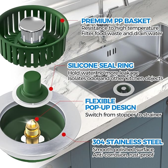 Upgraded 3in1 Kitchen Sink Drain Strainer & Sink Stopper, Stainless Steel Kitchen Drain Plug & Cover with Anti-Clogging Basket Strainer, Fit US Standard 3-1/2'' Sink Drain Hole, OliveGreen